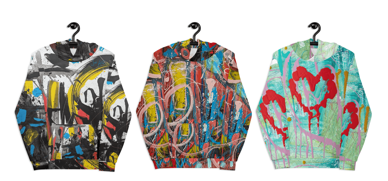 Shaolin, Luminaries, and Love is Love all over printed painting hoodies by artist Justin Kral